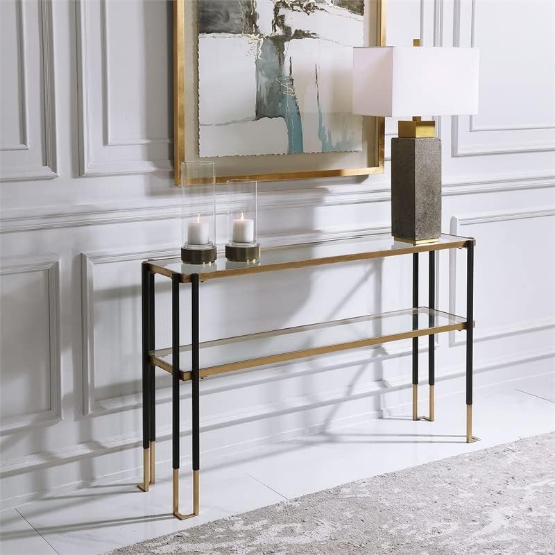 glamorous gold and black console table with tempered glass transparent shelves storage and display ideas for contemporary mid century art deco living room decor inspiration