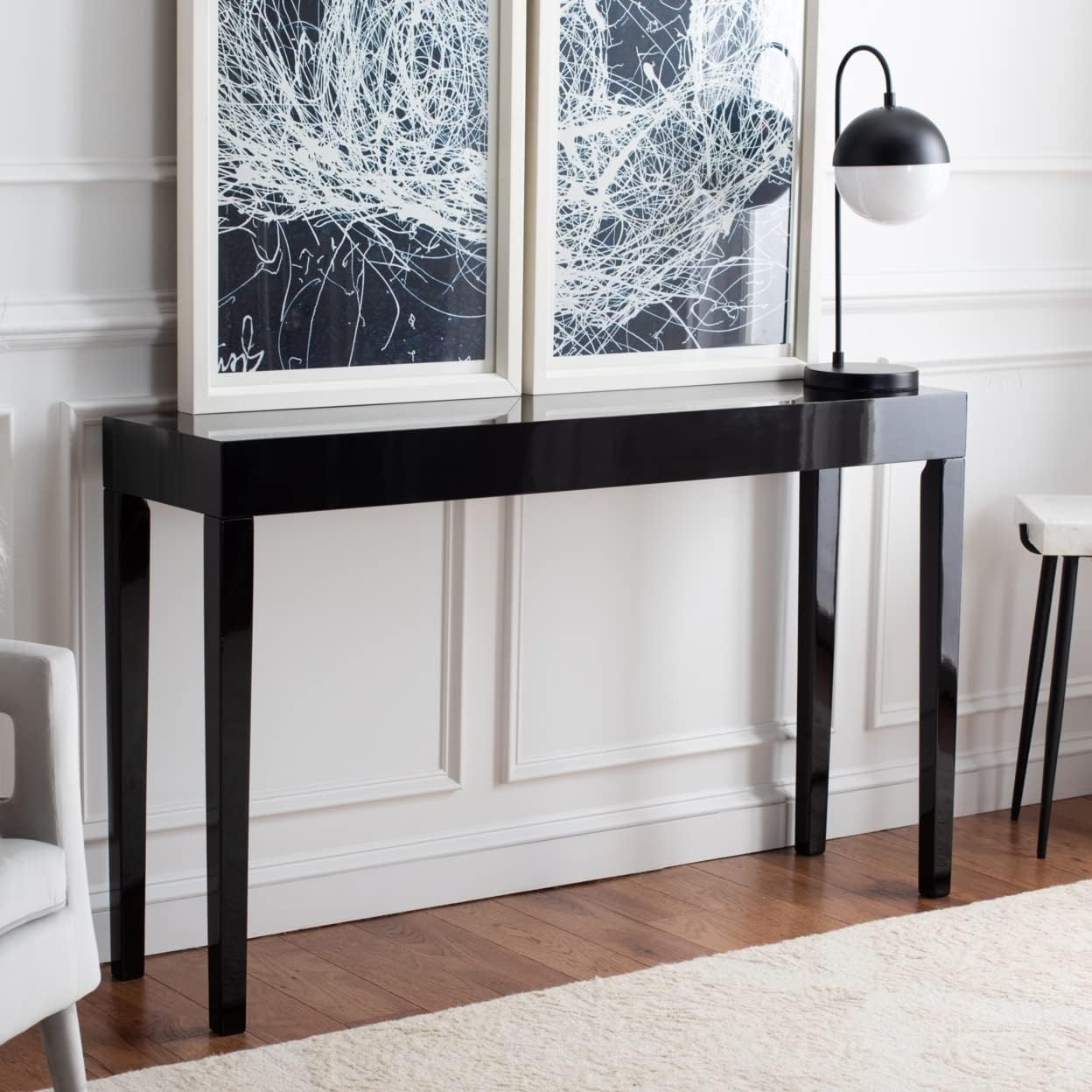 glossy black lacquered console table slender silhouette with straight legs simple minimalist modern living room furniture for sale online bright shiny sofa table