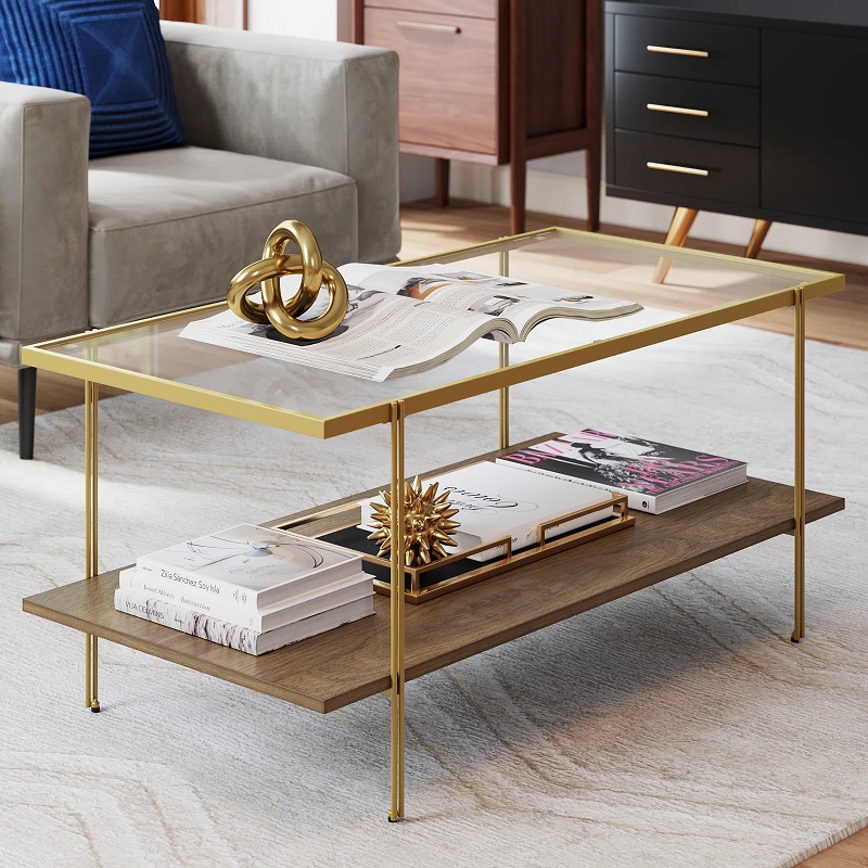 gold and wood living room tables with storage unique two tone living room contemporary glam decor theme ideas tempered glass tabletop luxe look affordable furniture