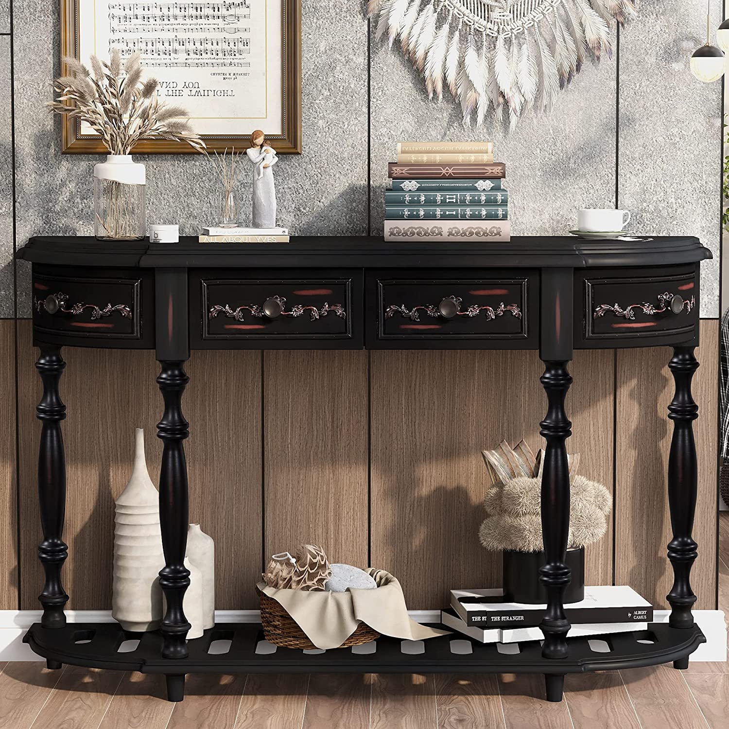 half moon distressed black console table with worn glossy paint classic traditional farmhouse furniture for sale online affordable storage furniture for entryway dining room