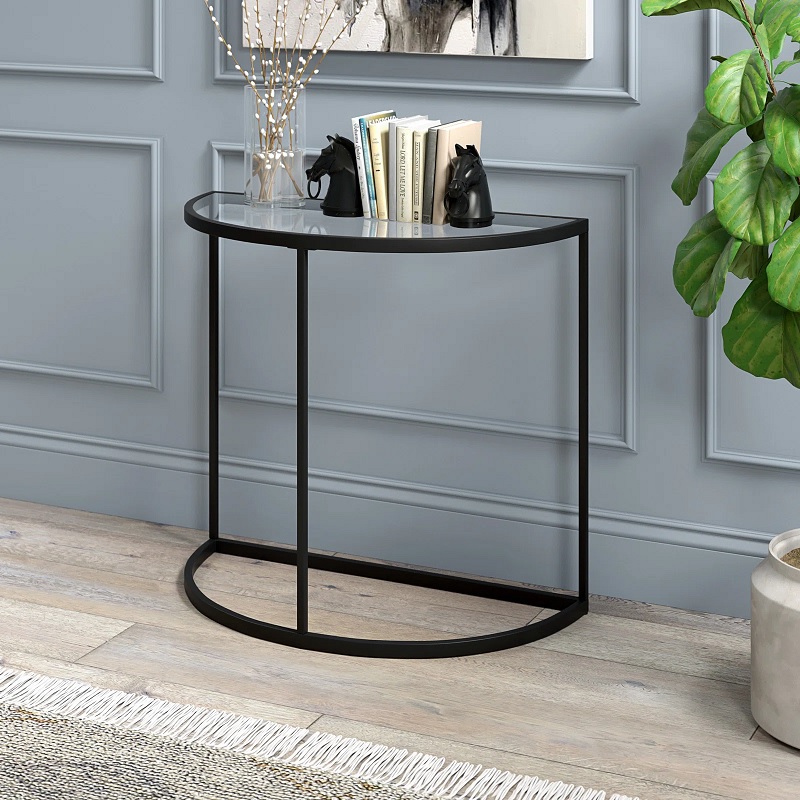 half moon shaped black narrow console table with curved front and transparent glass tabletop minimalist modern furniture for small hallway tiny entryway design inspiration