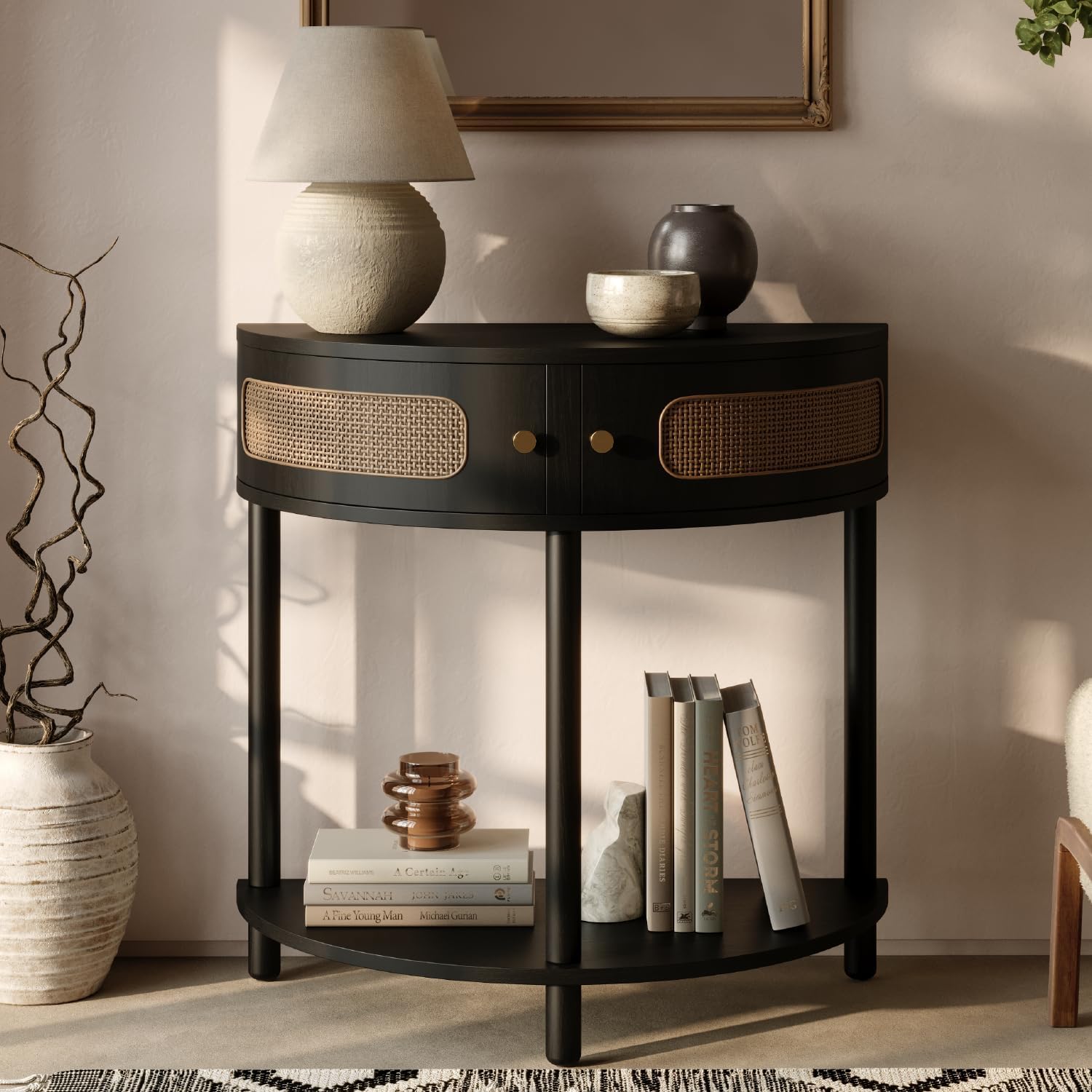 half moon shaped small console table black woven rattan cane front cabinet doors open lower shelf cute compact storage furniture for entryway bedroom living room