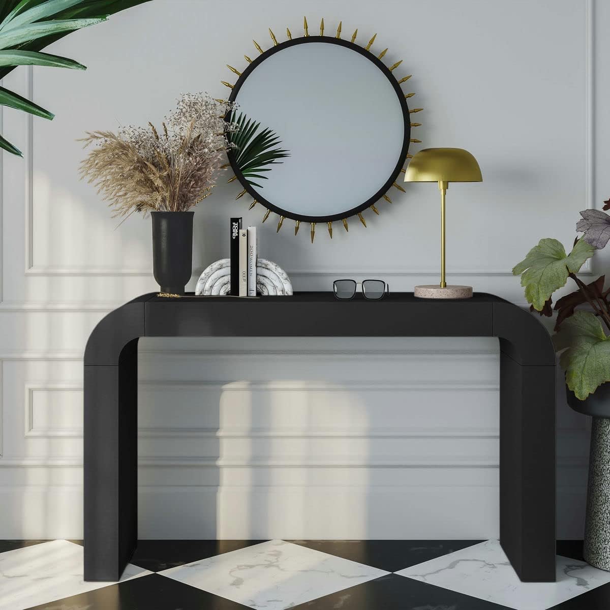 hump black console table with waterfall edges modern consoles for living room entryway beautiful minimalistic accent furniture clean lines geometric shape minimalist decor