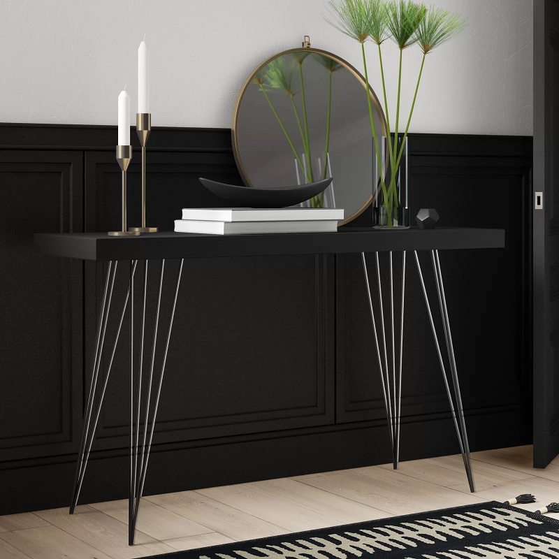 industrial modern black console table with sharp hairpin legs geometric silhouette 55 inch console tables for hallway living room how to style a mirror unique furniture