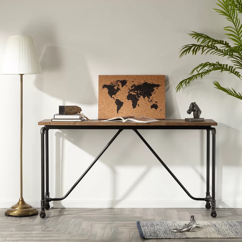 industrial wood and black console table with iron metal base with casters rolling console table for sofa hallway modern farmhouse urban industrial decor theme ideas