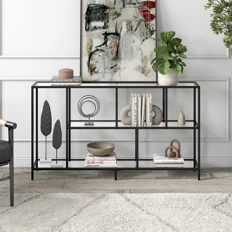 living room black console table with glass shelves for decorative display ideas how to show off sculptures and artwork in the home creative plant stand console table idea
