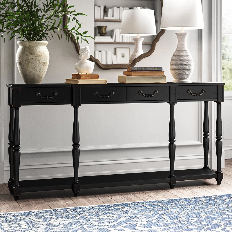 long and thin black console table with turned legs and decorative drawer pulls classic living room furniture for sale online traditional decor inspiration for minimalistic