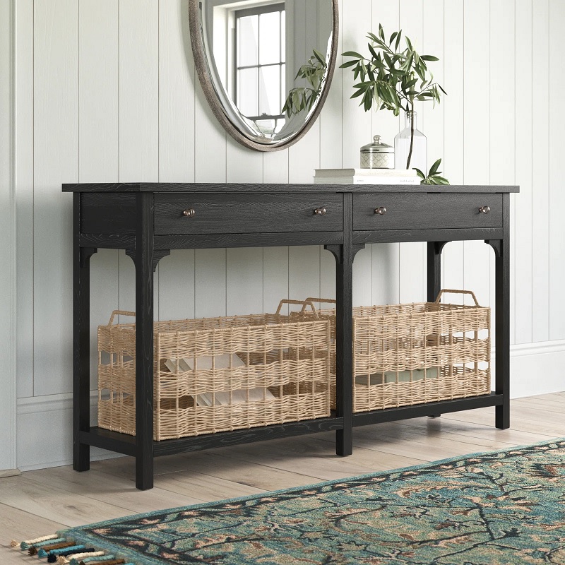 luxury black console table with woven wooden straw baskets beautiful bohemian chic living room furniture organization ideas for large entryway credenza alternative