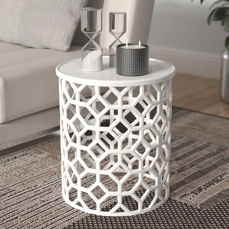 metal white side tables for living room small round barrel shaped table accent lattice cutout pattern ornate cute affordable compact furniture ideas for living room contemporary