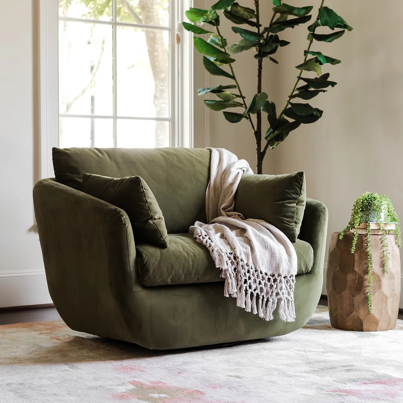 olive green comfy swivel armchair with plush feather down fill velvet upholstery overstuffed cushions dreamy comfortable reading chair for nursery wide seat mattress quality foam