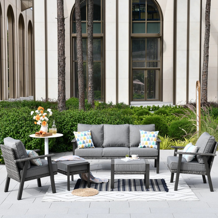 quality outdoor patio furniture sets for sale online faux wicker rattan woven framing with thick comfortable grey cushions multiple color options available includes ottoman