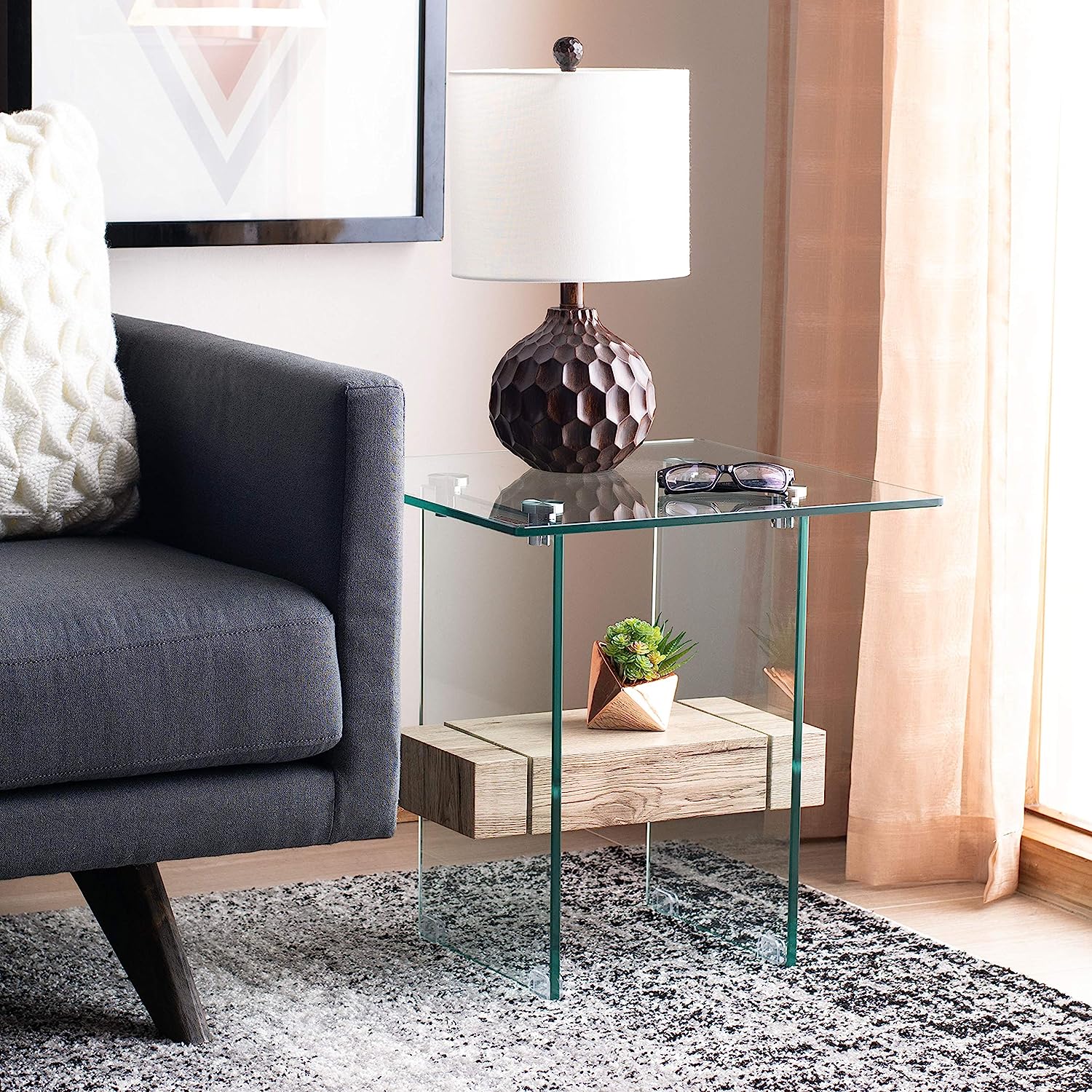 rustic glass end tables for living room thick tempered glass sides and tabletop with light rustic wooden cross brace unique modern farmhouse decor inspiration minimalistic