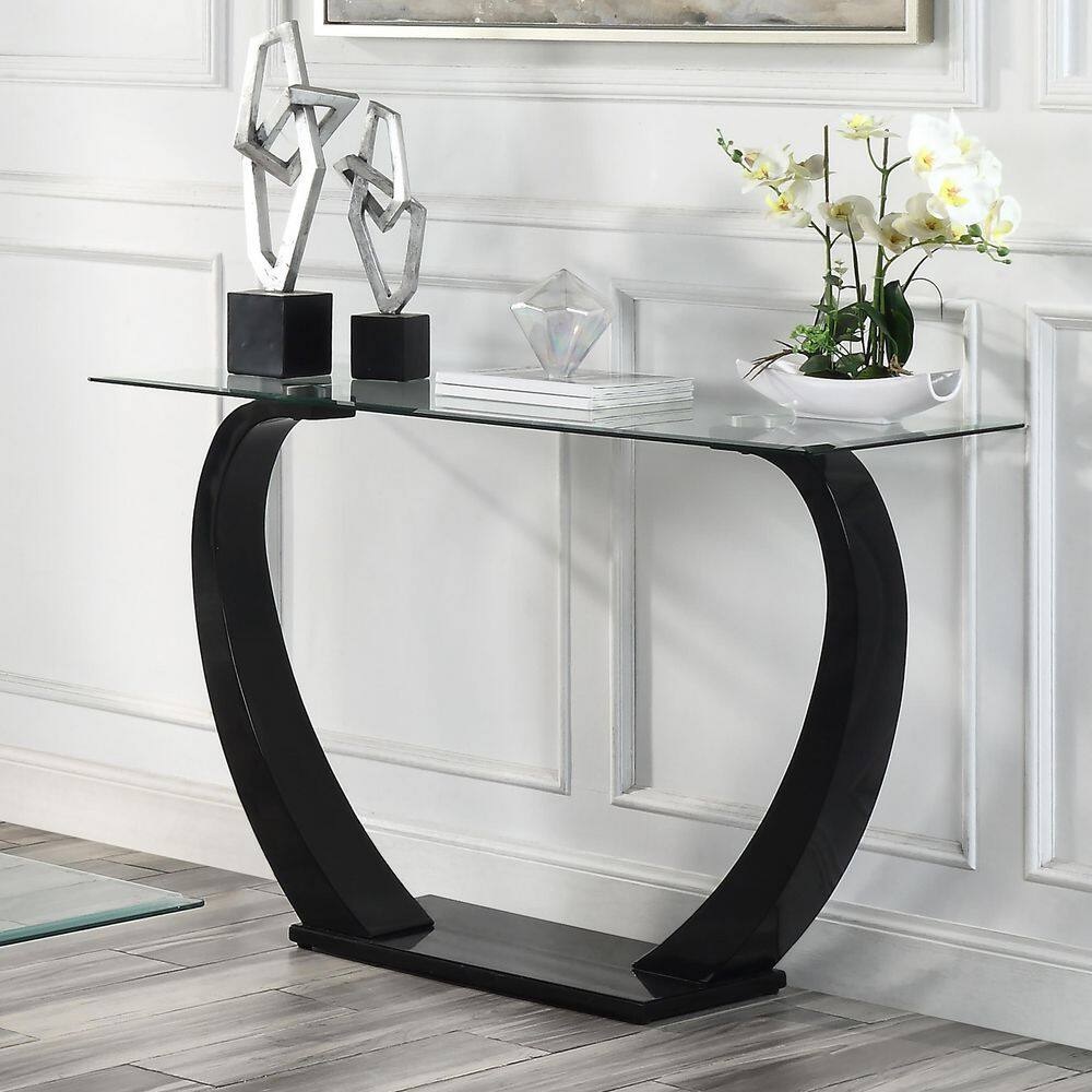 sculptural black lacquer consoel table with glossy finish rectangular beveled glass tabletop transparent surface artistic contemporary living room furniture for sale online