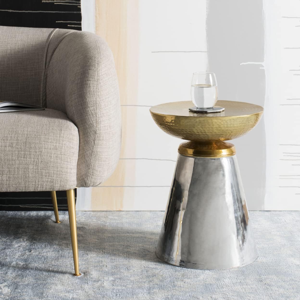 silver and gold modern living room side tables with geometric shape two tone metallic furniture for brass theme hammered texture artistic glam accent table for sale on amazon