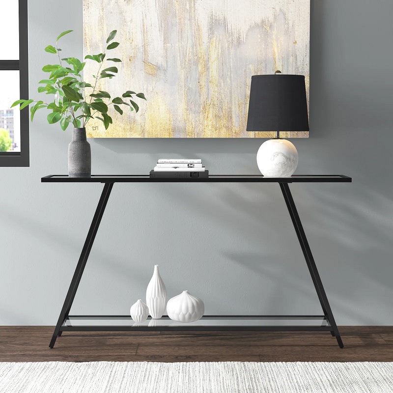 simple black metal and glass console table with transparent tempered glass tabletop and open lower display shelf minimalist living room furniture for sale online cheap