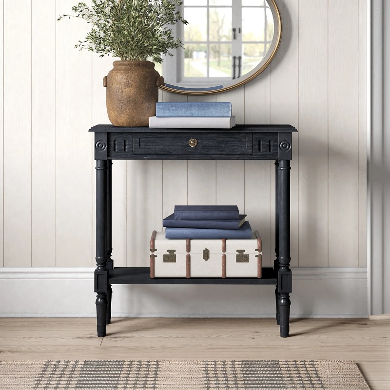 small black console table with vintage dark charcoal finish and carved details turned legs single storage drawer narrow tables for the end of a hallway small entryway