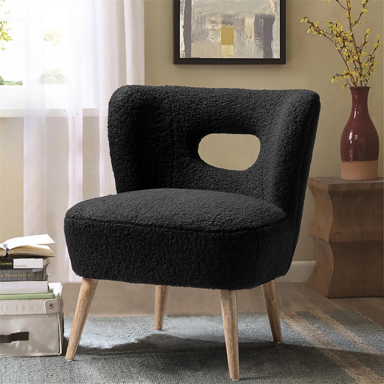 small comfy chair for mid century modern interior decor theme cute danish furniture for sale online affordable black boucle trend tapered wood legs spring seat comfortable accent