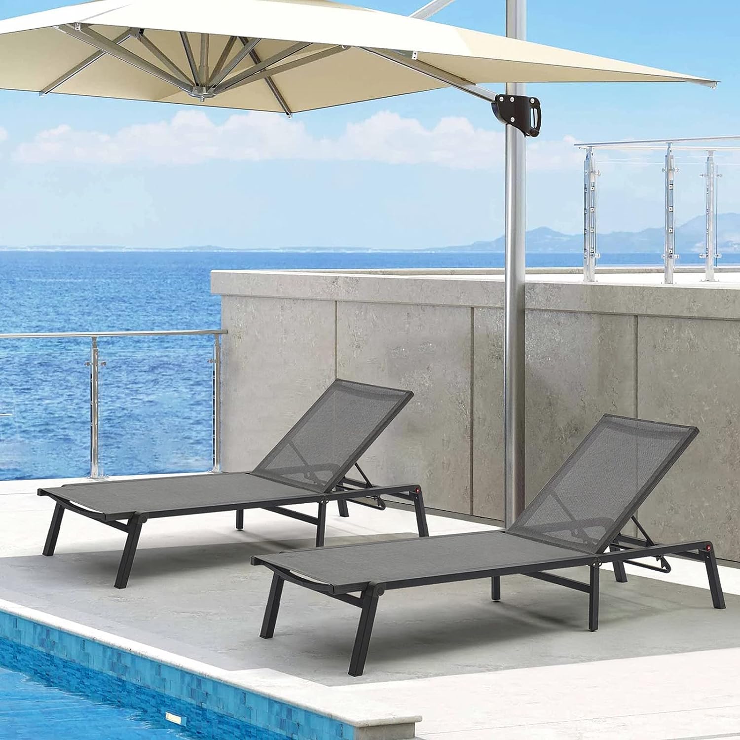 stylish outdoor chaise lounges set of two folding portable lounger for poolside tanning furniture with adjustable backrest mesh fabric seat comfortable pool seating ideas