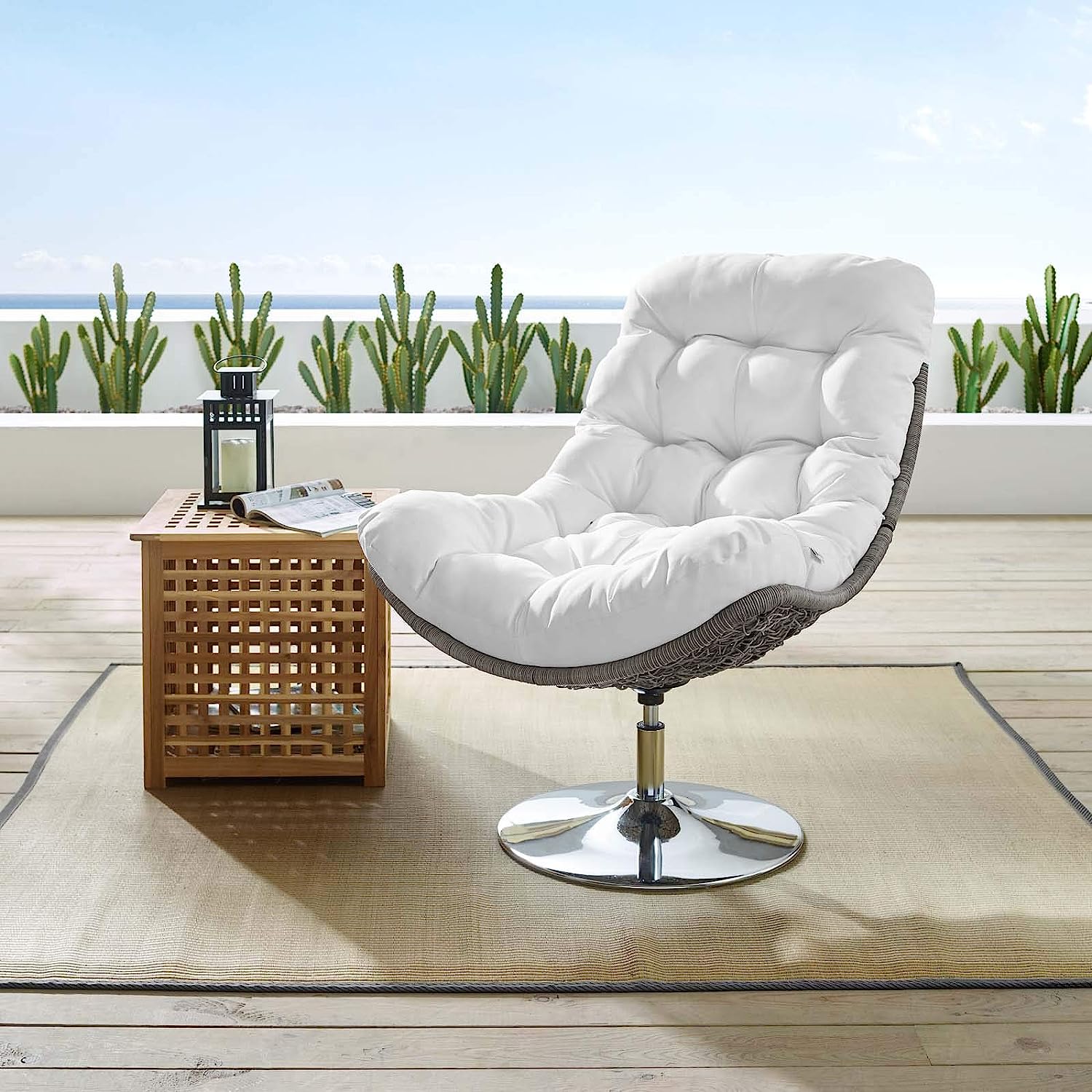 swivel patio lounge chair outdoor cushions for patio furniture white tufted pillowy cushion swiveling seat with chrome base and grey wicker shell