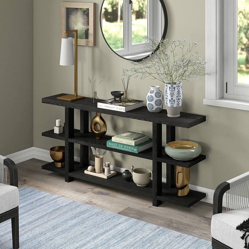 three tier black wood console table with open shelves creative ways to display tableware servingware in a dining room buffet alternative affordable modern consoles