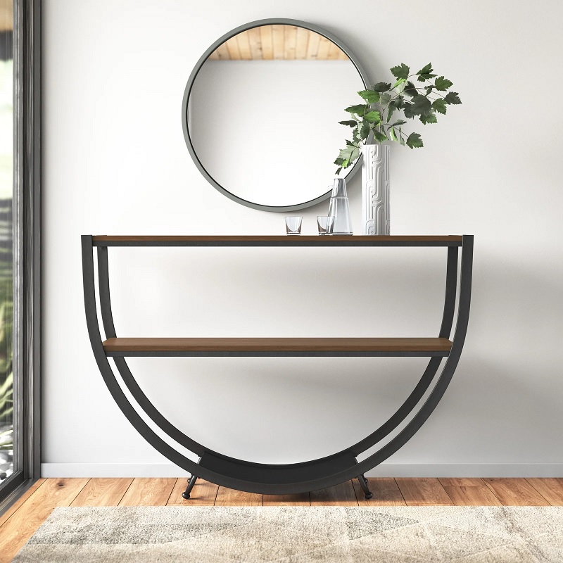 u shaped black metal console table with metal base and wooden shelves two shelf open storage ideas for dining room industrial rustic decor theme modern farmhouse furniture