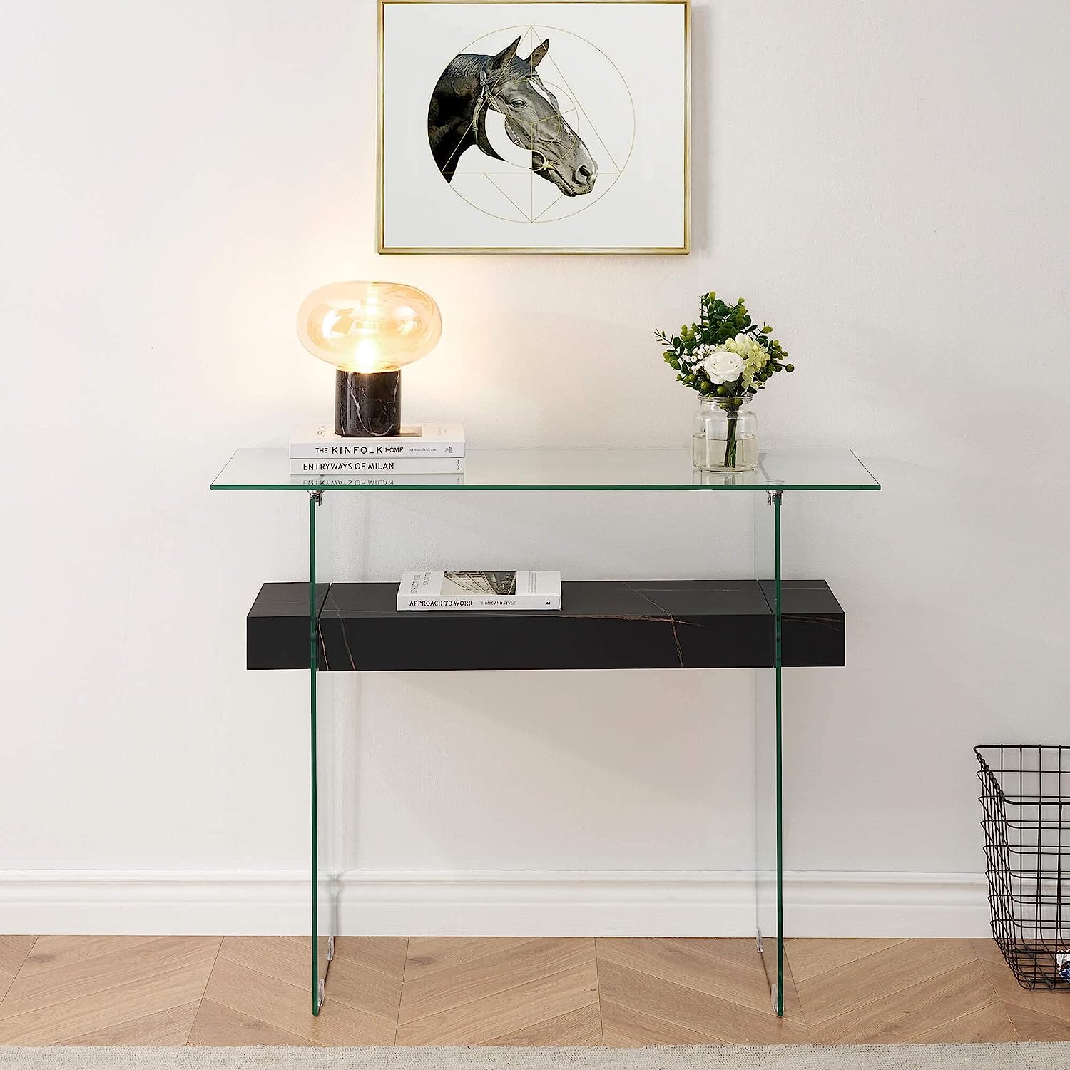 ultra minimalist black glass console table with tempered glass panel legs and transparent tabletop faux black wood beam unique artistic furniture ideas for minimalistic home