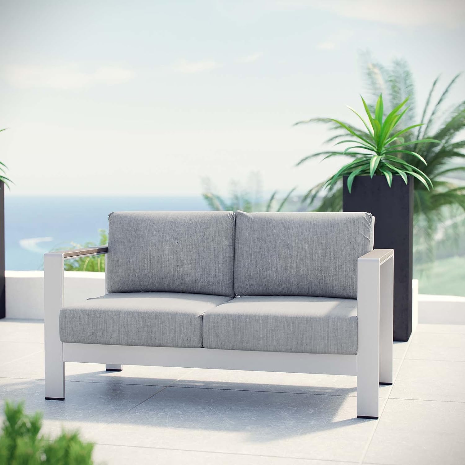 ultramodern outdoor patio furniture cushions two seater sofa made from aluminum with weatherproof cushion set grey upholstery minimalist modern patio seating ideas