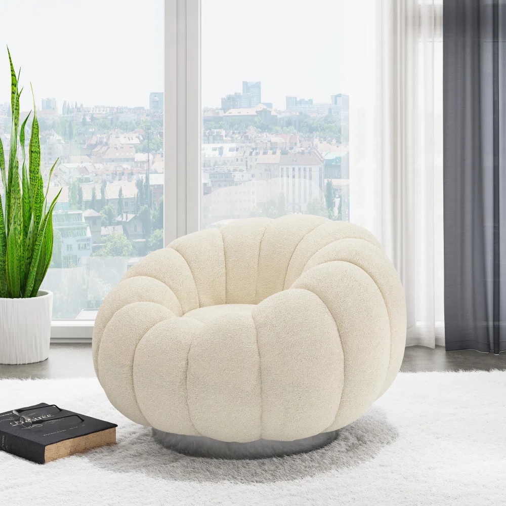 unique comfy round chair with pumpkin shape deep channel tufting and rounded seat sculptural artistic living room furniture for bedroom reading nook boucle upholstery