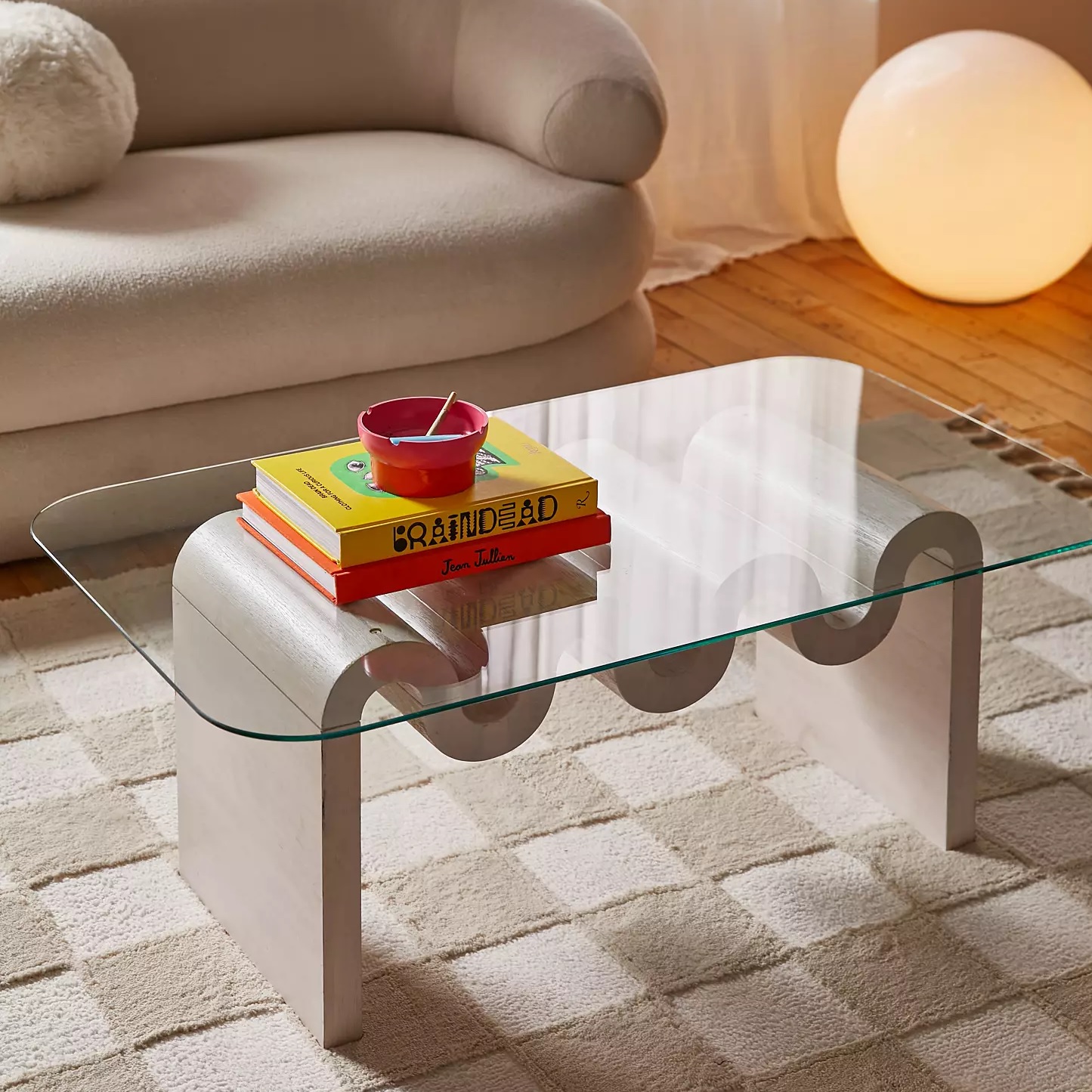 unique postmodern white living room tables with curvy base and transparent glass tabletop with rounded edges cool retro coffee table for sale online creative decor ideas