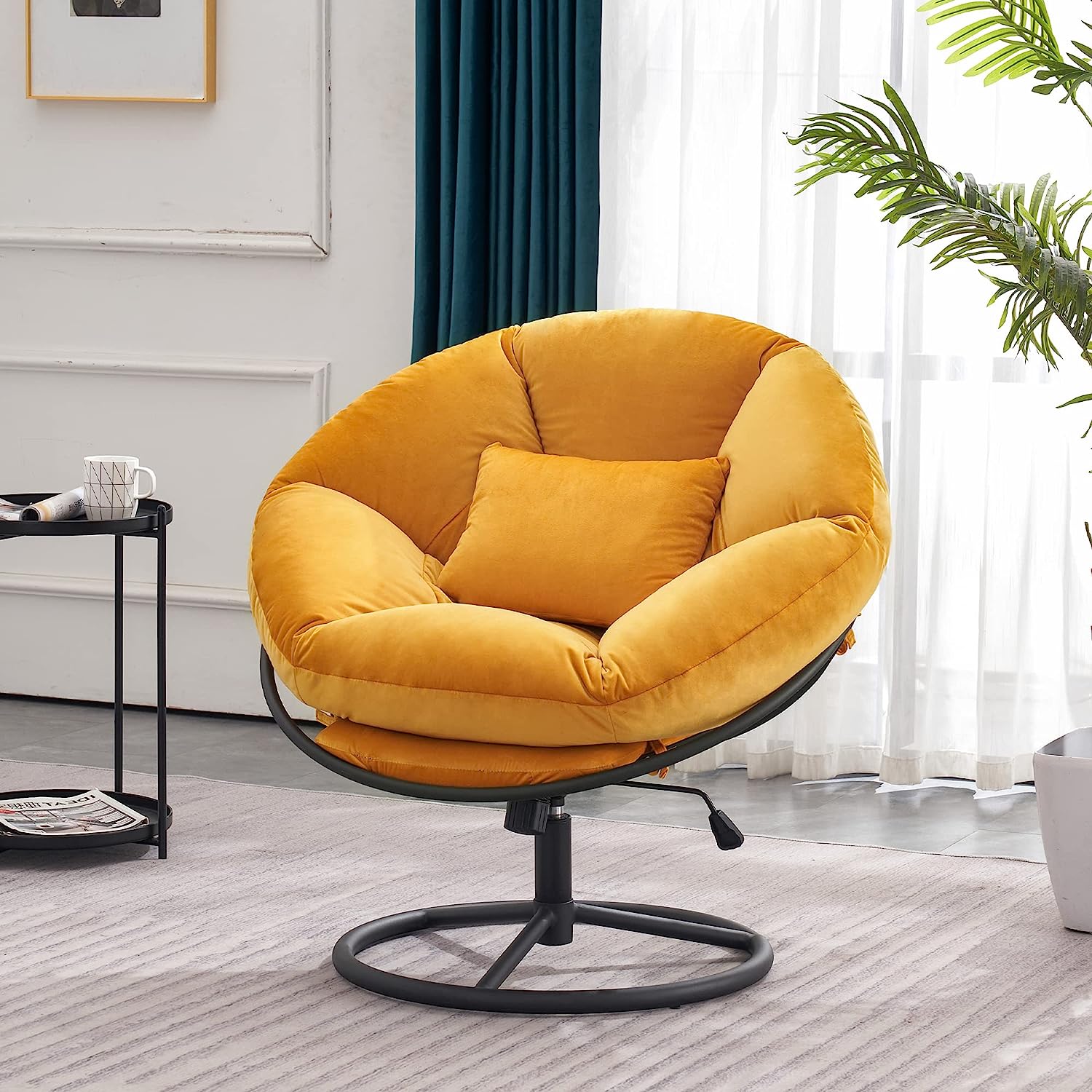 vibrant yellow comfy saucer chair rounded contemporary papasan chair with fabric upholstery overstuffed ultra cushioned swivel and rocking chair for living room dorm room office