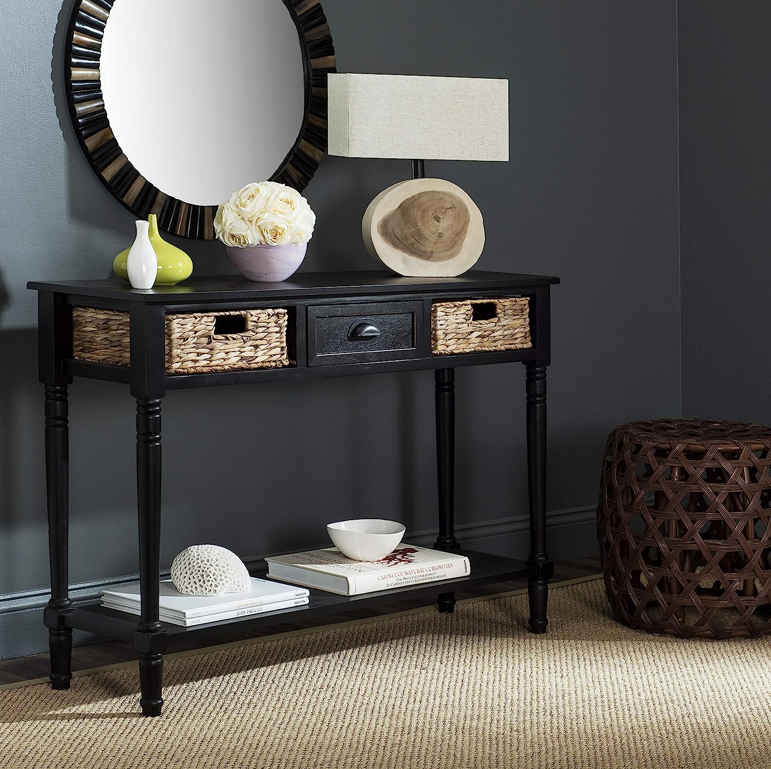 woven drawer console table black wood construction carved details removable basket drawers three drawer entryway tables for sale online budget friendly cheap furniture