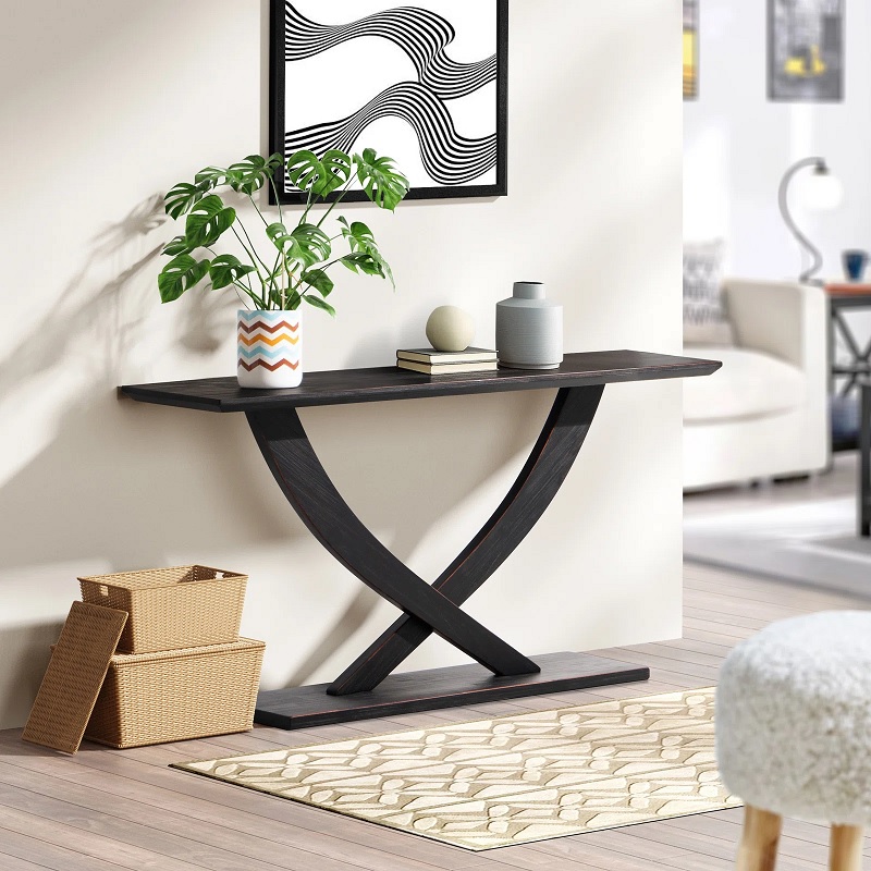 x shaped black contemporary console table with distressed finish unique contemporary furniture ideas for living room entryway hallway tables for sale online solid wood acacia