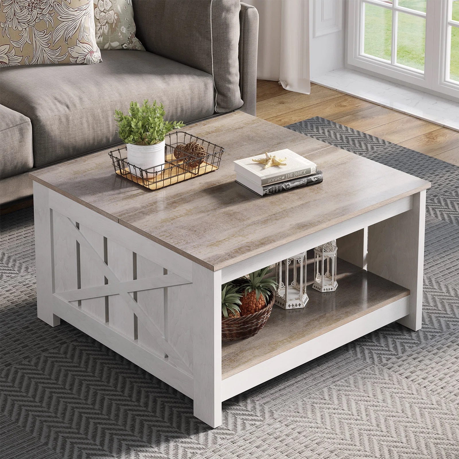 31 inch farmhouse style coffee table with white body and grey tabletop with open cubby shelf for storage family friendly country style living room tables