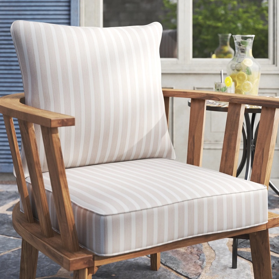 Kelly Clarkson home 25x25 outdoor cushions with beige and white pinstripe stylish fashionable furniture cushioning for patio armchair or sofa deep seating replacement cushion