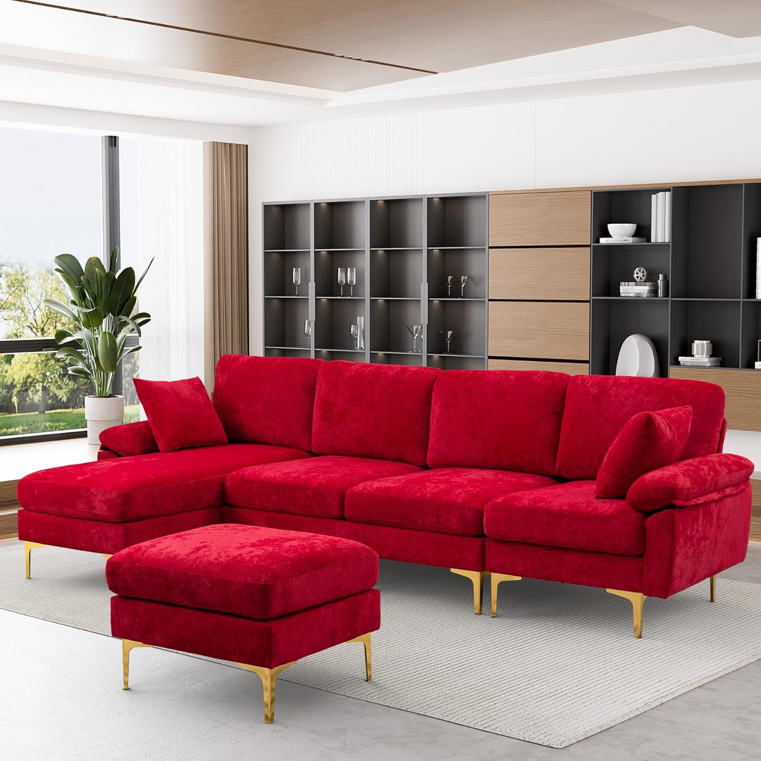 L shape modern red sofa set