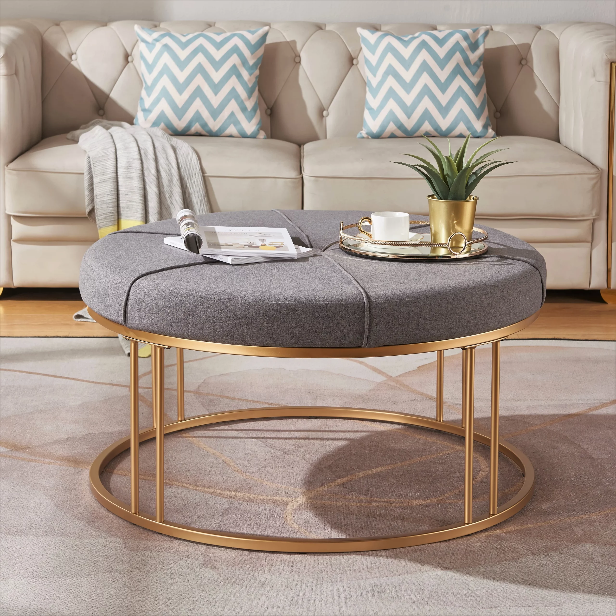 Round Ottoman Coffee Table With Gold Base