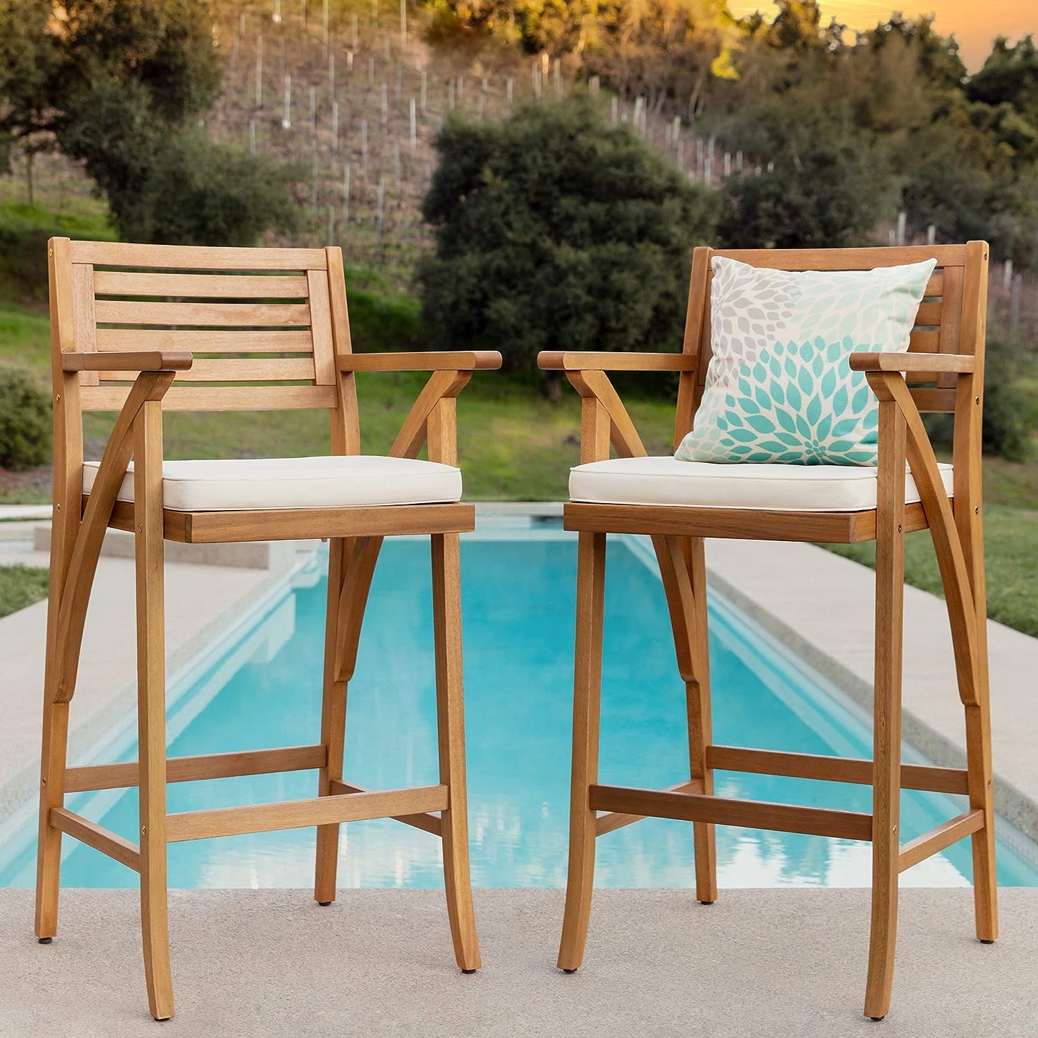 acacia outdoor bar stools with backs and white cushioned seat slatted ladder backrest comfortable armrests stylish modern wooden patio barstools set of two