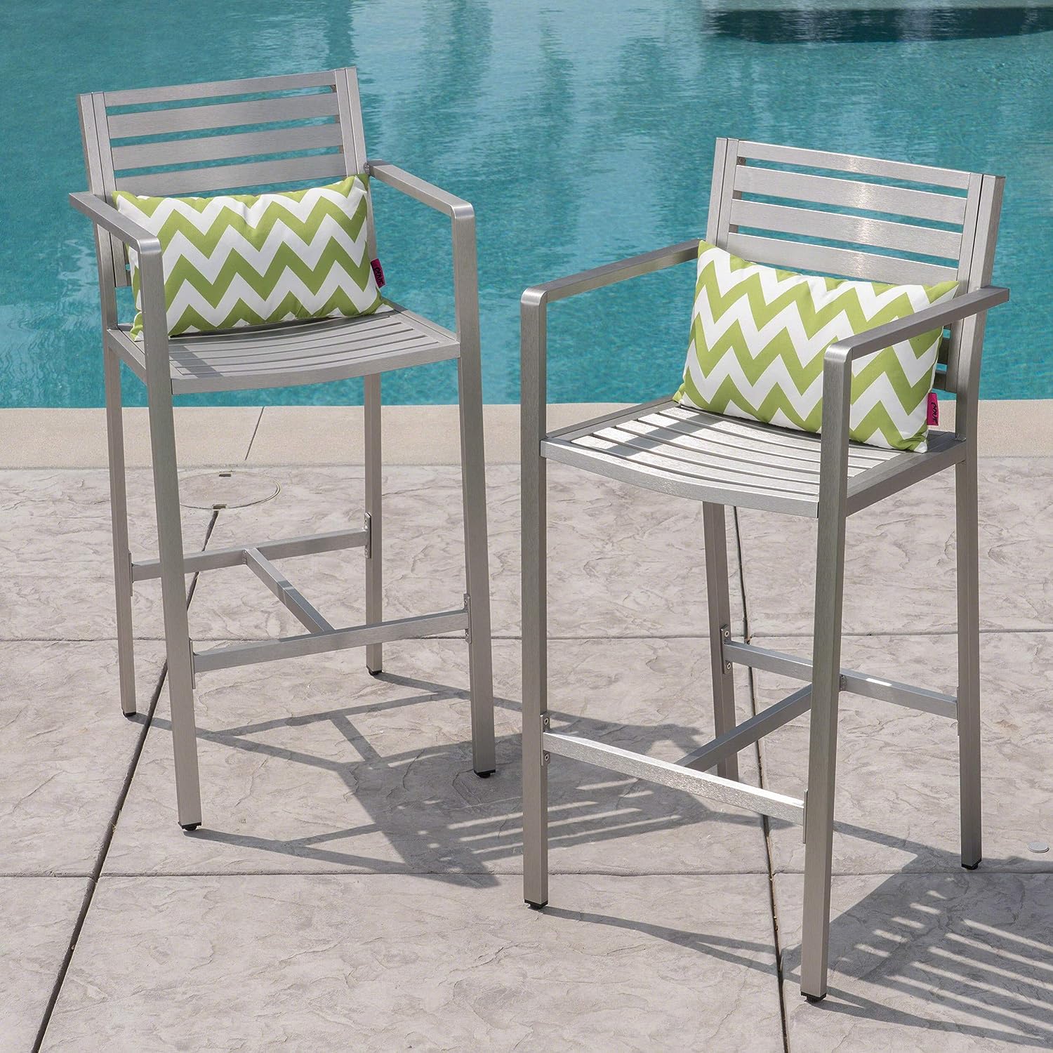 aluminum outdoor bar stools with slatted seats and backrest medium height backs high armrests silvery outdoor metal barstools for poolside seating dining space