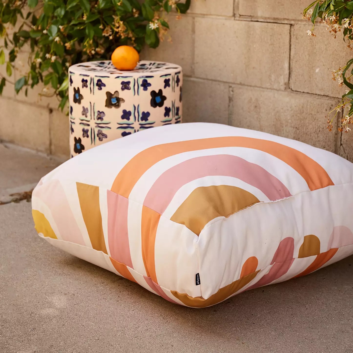 artistic outdoor floor cushions plush extra comfortable meditation seat for patio beautiful scandinavian artwork on the cover oragne pink yellow thick pillows for the ground