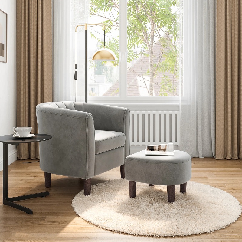 Grey reading chair with ottoman