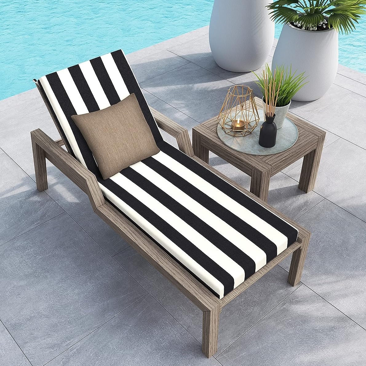 black and white striped outdoor lounge cushions with segmented backrest for reclining chaise lounge replacement cushioning for sale online cabana theme resort quality cushions