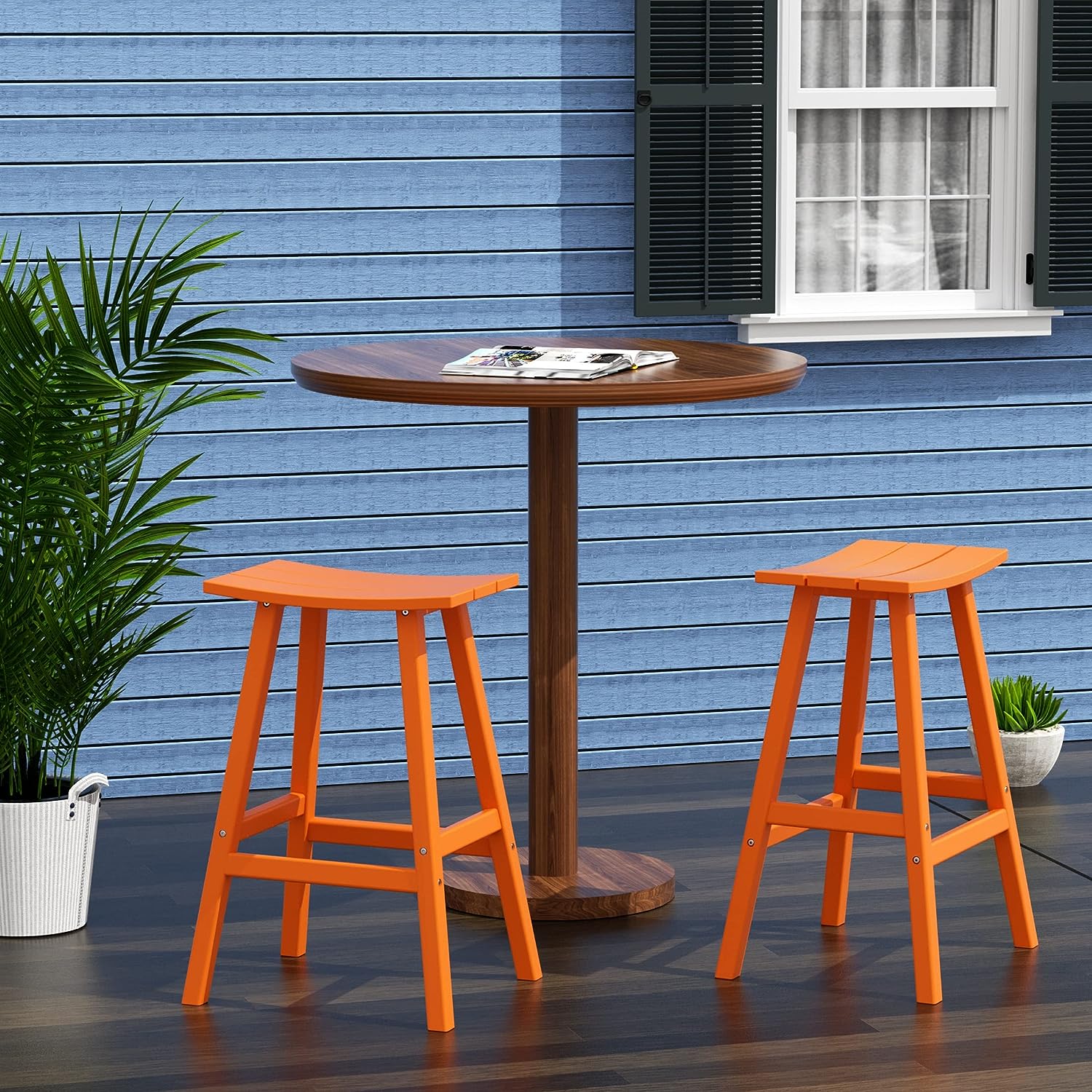 bright orange outdoor bar stools clearance colorful patio furniture for sale online cheap affordable seating for poolside dining space saddle seat construction eco friendly