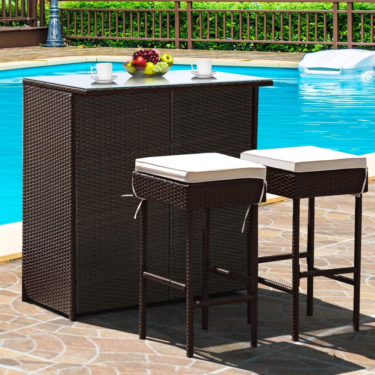 brown outdoor bar and stools set unique wicker patio bar table with glass tabletop and two shelf storage system includes two barstools with cushions