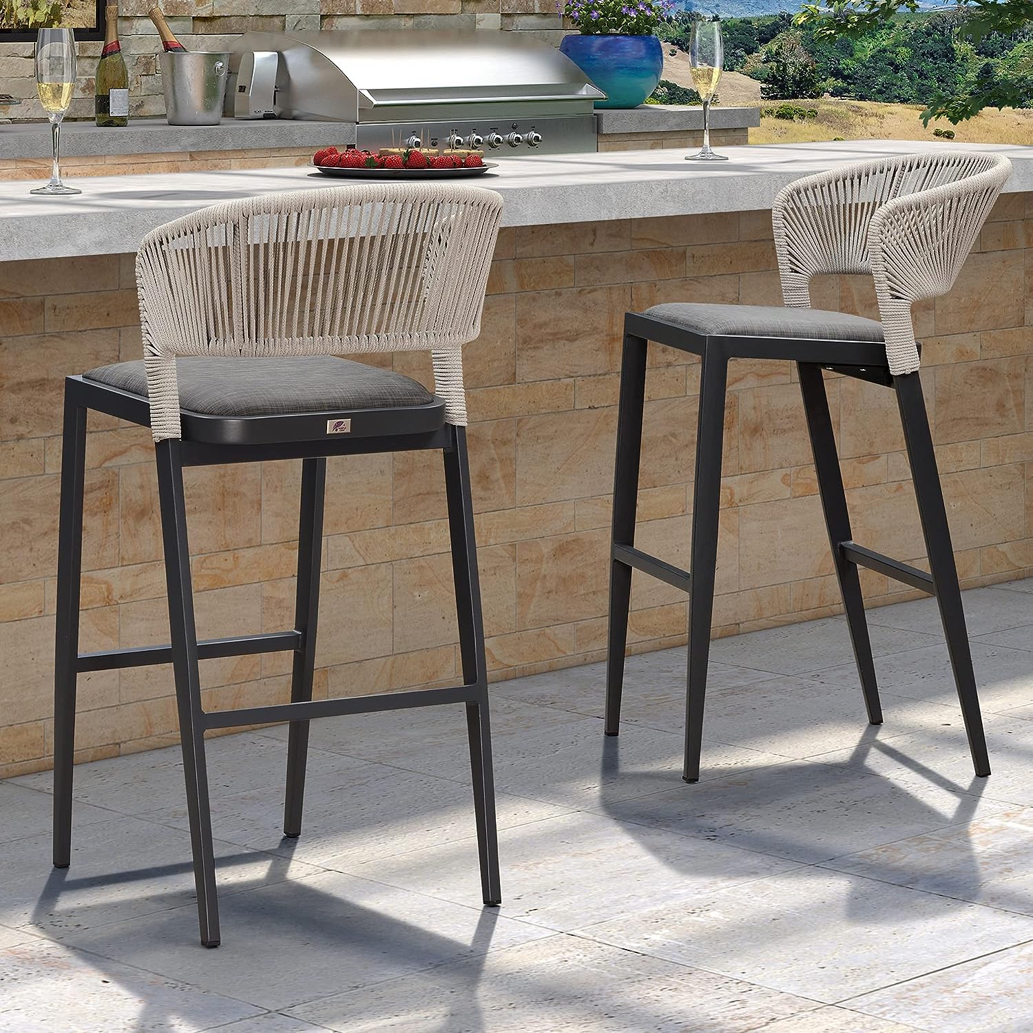 chic modern outdoor bar stools with cantilever barrel backrest woven rope back black base with footrest integrated cushion high quality designer patio furniture for sale online