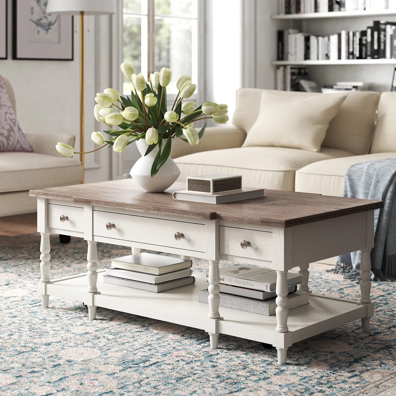 elegant traditional rustic farmhouse coffee table with storage drawers and wide open shelf white base with turned legs and brown distressed tabletop country style furniture ideas