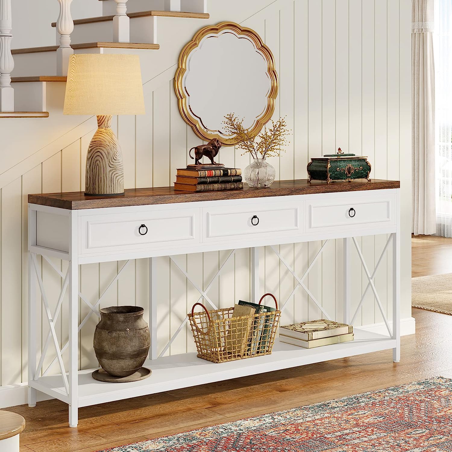 extra large farmhouse sofa table for sale online wooden tabletop and three convenient drawers with ring pulls open lower shelf for display rustic tables for entryway hallway