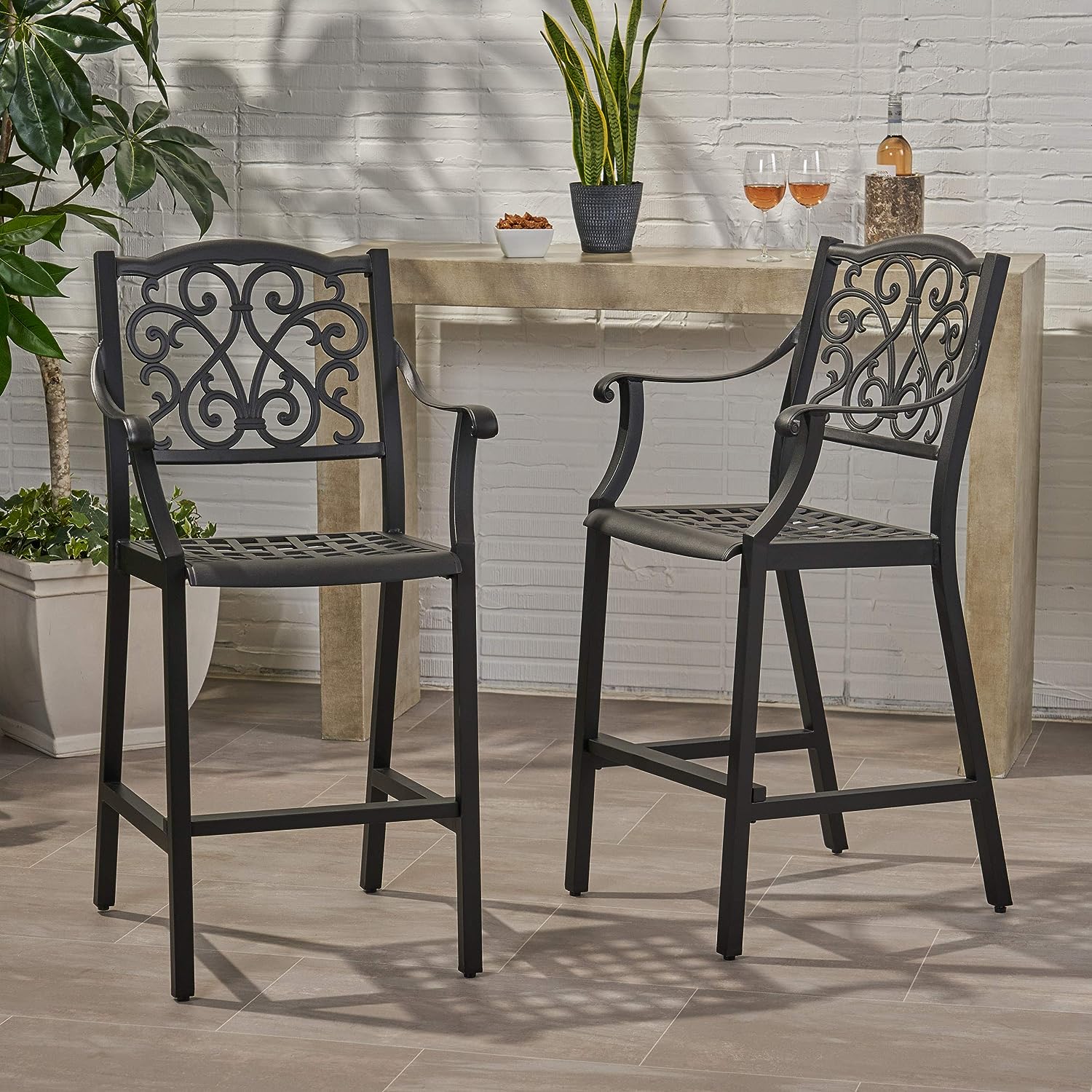 faux wrought iron outdoor bar stools made from weather resistant aluminum beautiful classic traditional seating for patio dining arrangement inspiration premium quality barstool