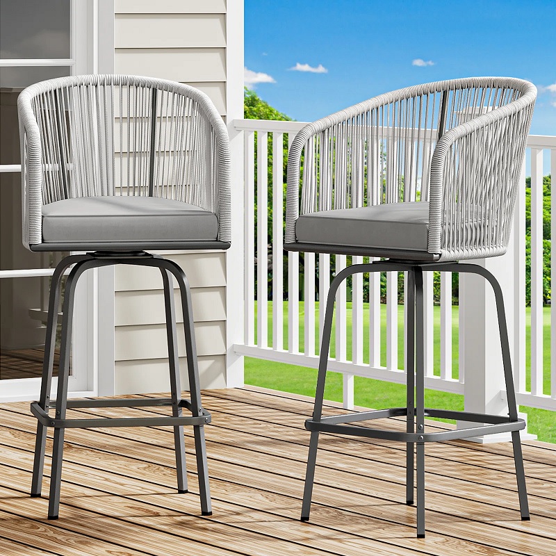 grey outdoor swivel bar stools with backs barrel backrest woven rope details black metal base with footrest grey removable cushion stylish barstools for patio