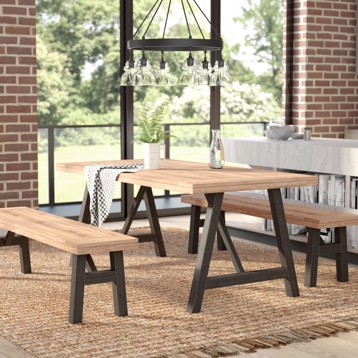 industrial farmhouse table with bench set light sand blonde wood tabletop and bench seats with black trestle base design barnwood inspired dining room furniture for sale online