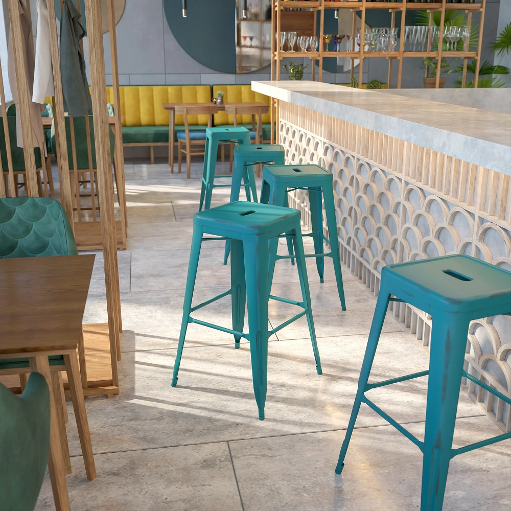 industrial outdoor metal bar stools with distressed teal color bright colorful modern farmhouse patio seating ideas for bar height tables bistro style coastal poolside dining